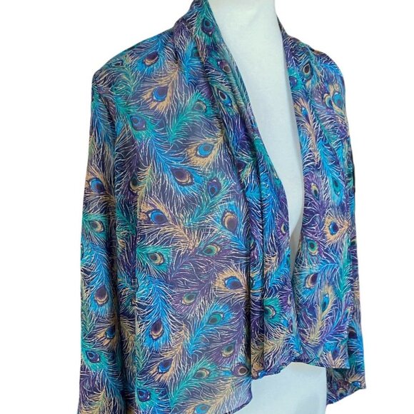Evening Jacket Sheer Peacock Feathers Cascade Cover Up Open Cardigan Size Small - Picture 2 of 9